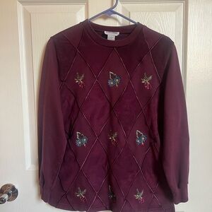 Alfred Dunner Plum Argyle Pattern Flower Embroidered Sweater